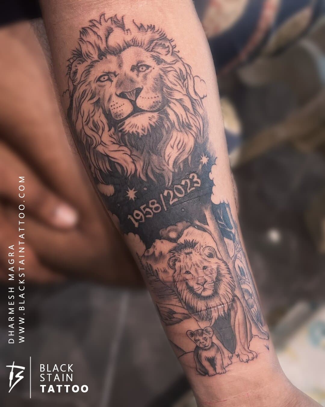 Lion family portrait tattoo with generational dates - meaningful portrait design Ahmedabad