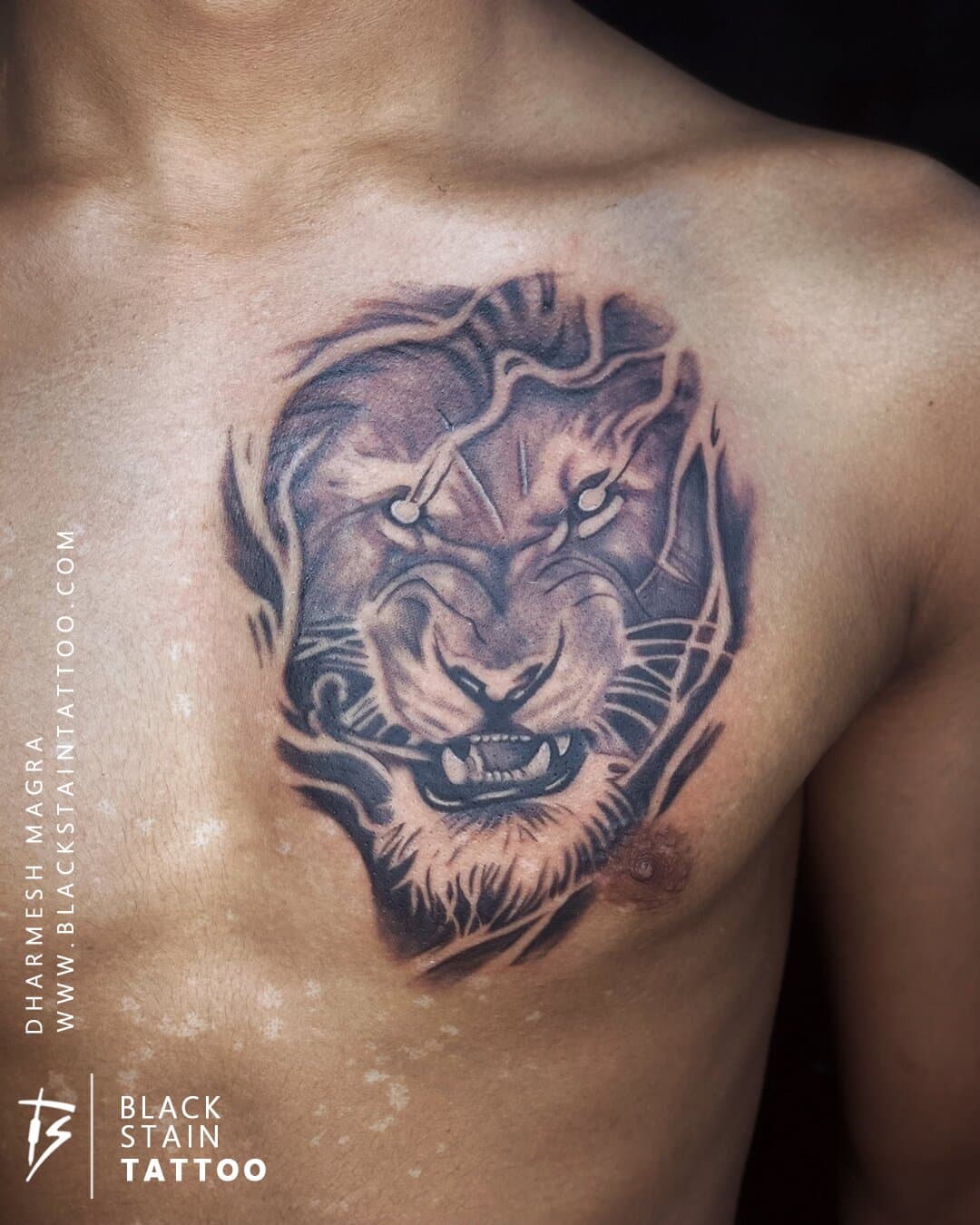 Realistic lion head portrait tattoo - professional realism artist Ahmedabad
