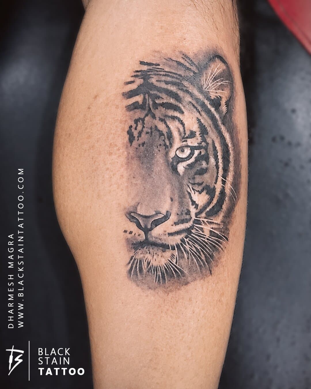 Realistic tiger portrait tattoo with intense expression - detailed animal tattoo Ahmedabad