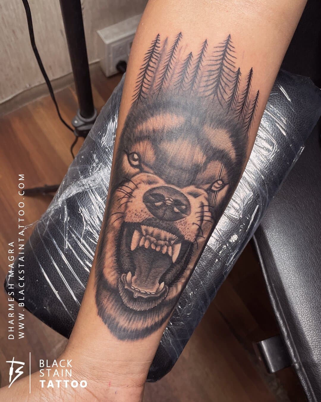 Wolf with forest trees tattoo - animal wildlife portrait design Ahmedabad