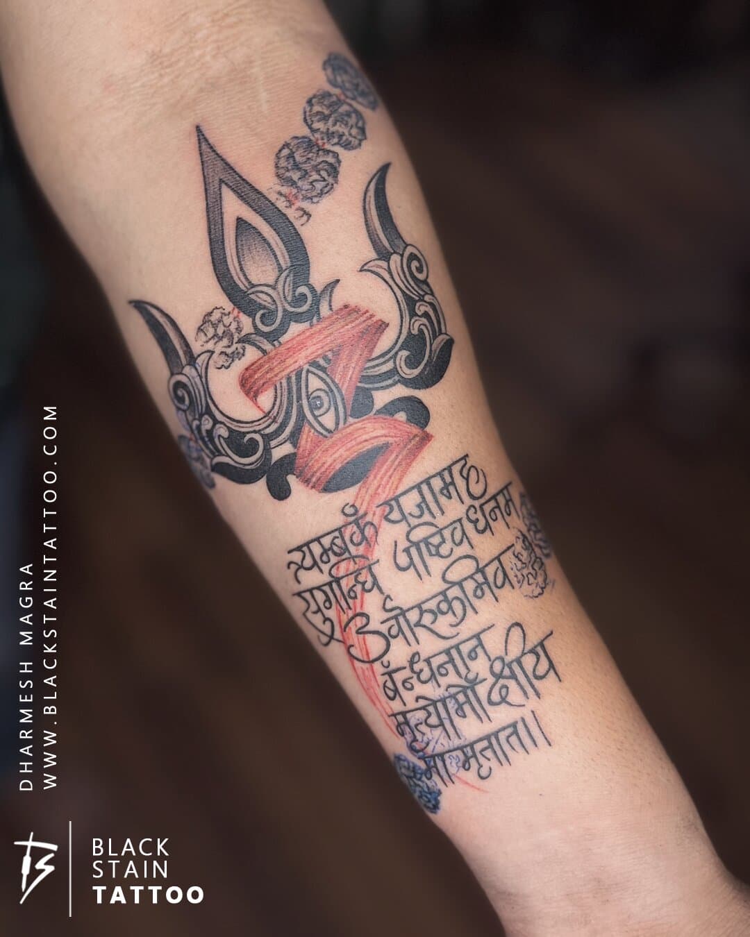 Trishul Mrutyunjay mantra tattoo with Sanskrit text - sacred religious design Ahmedabad